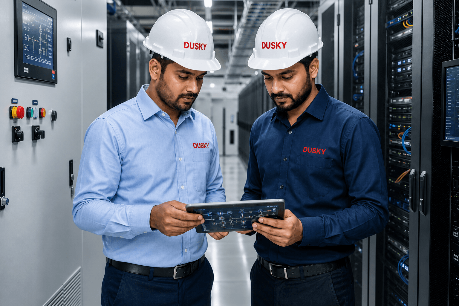 Dusky International field engineers reviewing systems in a data centre