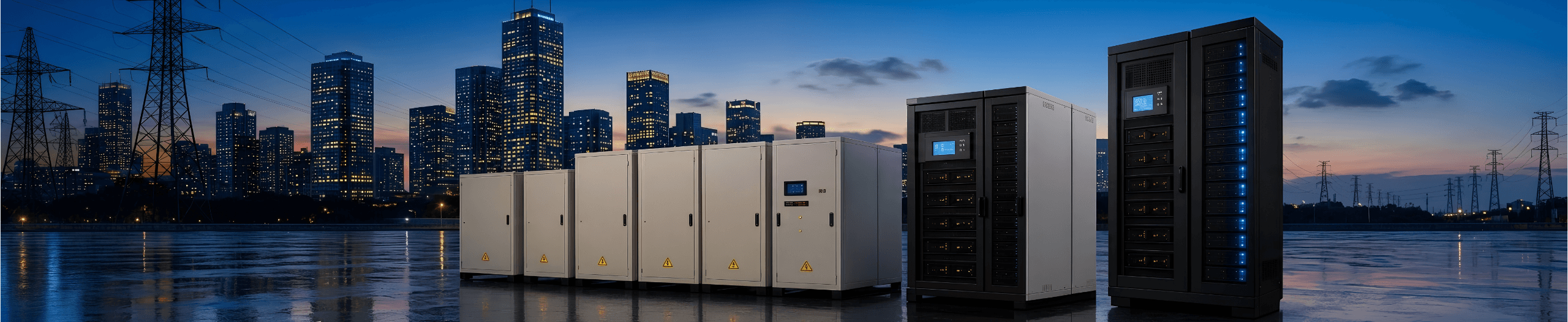 Industrial UPS cabinet lineup against city skyline