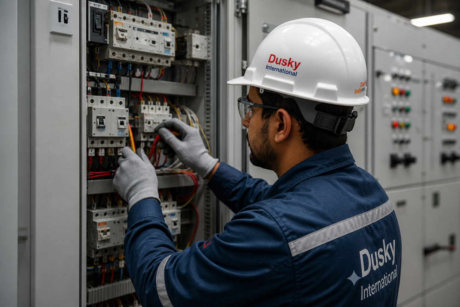Dusky technician installing and verifying critical electrical connections